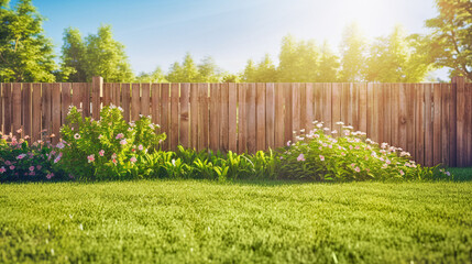 green grass lawn, flowers and wooden fence in spring backyard garden - 665495189