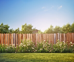 green grass lawn, flowers and wooden fence in spring backyard garden - 665495199