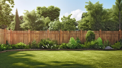 green grass lawn, flowers and wooden fence in summer backyard garden - 665495303