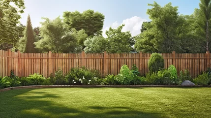 Fotobehang green grass lawn, flowers and wooden fence in summer backyard garden © andreusK