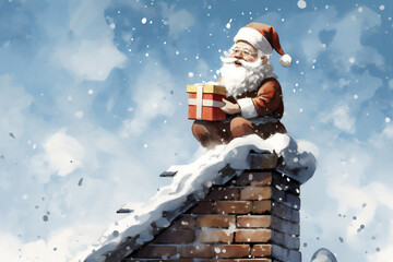 Father Christmas also known as Santa Claus or Saint Nicholas ready to climb down a chimney during the December winter festive season to deliver presents, Generative AI stock illustration image