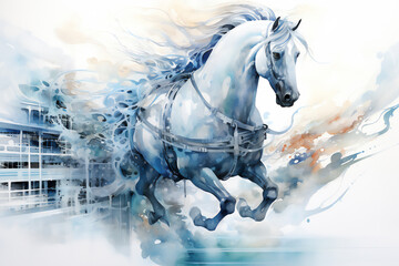 Watercolour abstract horse painting of a white equine animal running which could be used as a poster or flyer, computer Generative AI stock illustration image - obrazy, fototapety, plakaty
