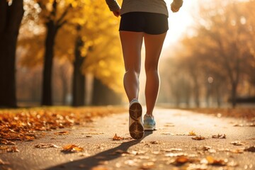 Close up of legs of female runner jogging in a park on autumn, Exercise, Healthy woman concept.