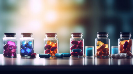 Various colorful pills, capsules and tablets in different glass or plastic jars