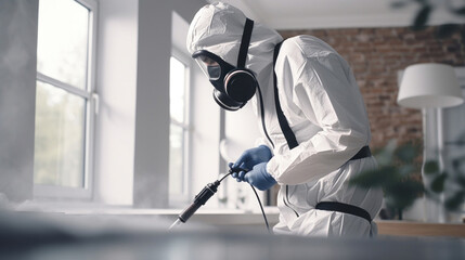 Pest control specialist in white special uniform and mask in the apartments - obrazy, fototapety, plakaty