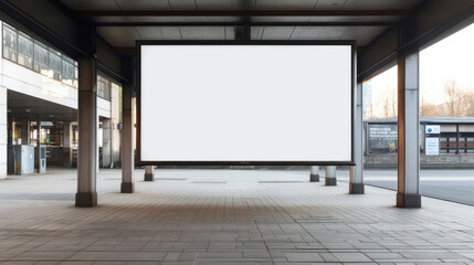 A blank white billboard at the bus station