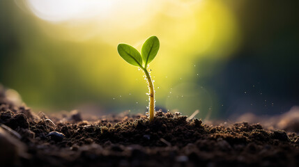 The seedling are growing from the rich soil to the morning sunlight that is shining, ecology concept. Generative Ai.