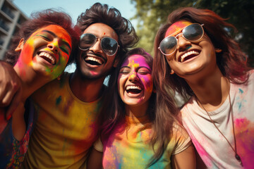 Group of happy young Indian friends celebrating Holi festival with splash of colors