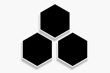 3 Polygon photo frames template of hexagon shapes in a creative layout. Used as a printable photo collage or a blank mock up for album pictures or photographs collection in a classic old style.