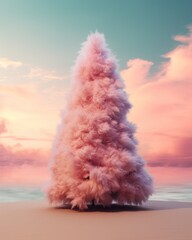 Conceptual pink christmas tree on the beach. Pastel sunset or sunrise. Pink cloud puffy smoke of...