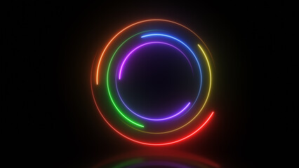 3d render, abstract colorful neon glowing circle on black background.