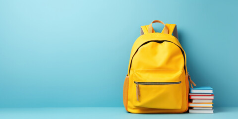 School yellow backpack with books isolated on blue background
