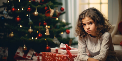 A distraught child sits by the Christmas tree