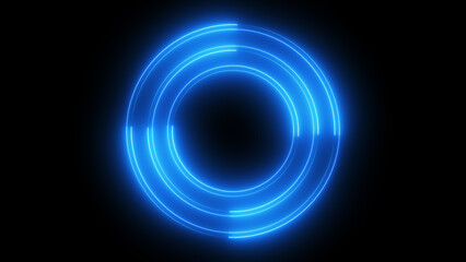 Abstract blue neon glowing circle frame on black background. Futuristic technology concept