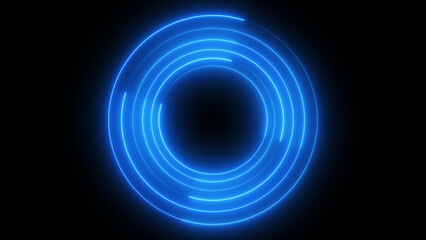 Abstract blue neon glowing circle frame on black background. Futuristic technology concept