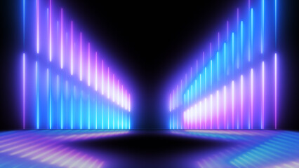 Abstract neon background with glowing blue and purple laser beams. Futuristic technology concept.