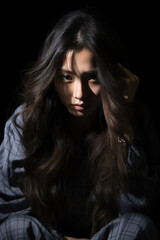 A depressed Asian young woman stood in the darkness with his head in his hands
