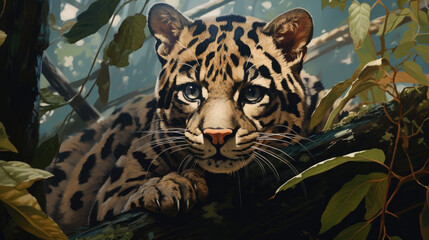 Clouded leopard. The clouded leopard, also called mainland clouded leopard, is a wild cat inhabiting dense forests from the foothills of the Himalayas. - obrazy, fototapety, plakaty