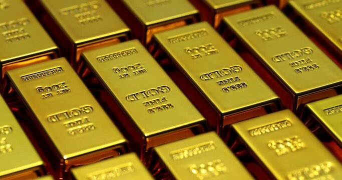 Moving stacks of gold bars in vault. Gold bar money success investment and luxury