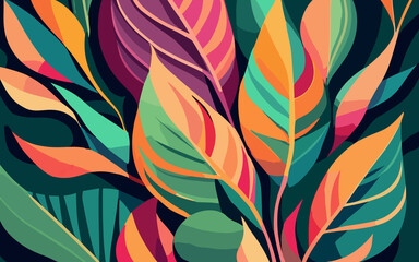 Seamless pattern with colorful tropical leaves. Vector illustration, decorative plant wallpaper, floral design, generative ai