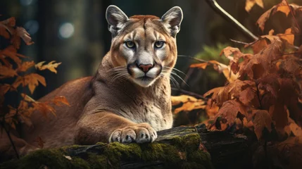 Poster Im Rahmen Portrait of Beautiful Puma in autumn forest. American cougar - mountain lion, striking pose, scene in the woods. © Ruslan Gilmanshin