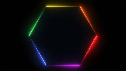 Abstract colorful neon glowing hexagon frame on black background 