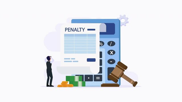 Penalty concept. Stressful businessman looking at a charge and expense punishment notice. 2d video animation 4k clip