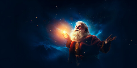 Obraz na płótnie Canvas Illusration of Santa Claus or Saint Nicholas makes a magic on sparks sky background. Christmas fairytale