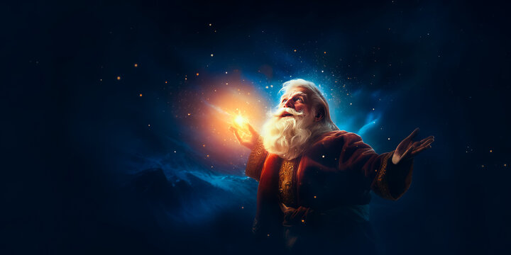 Illusration of Santa Claus or Saint Nicholas makes a magic on sparks sky background. Christmas fairytale