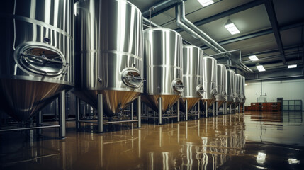 Modern wine factory with large shine tanks for the fermentation.