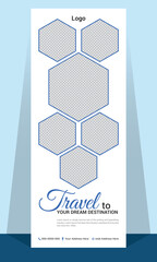 Modern and professional travel roll up banner design blue and white color  with polygon shape and high regulation 