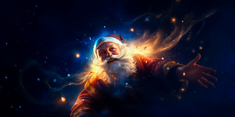 Illusration of Santa Claus or Saint Nicholas makes a magic on sparks sky background. Christmas fairytale