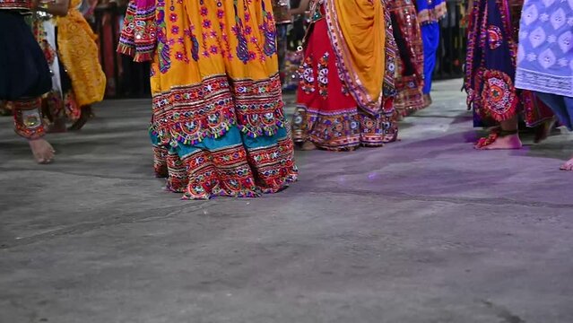 Traditional Garba Dance Legs. Long shining skirts, Indian culture. Navratri celebrations. Indian festival time. Dance legs. 
