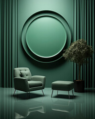 Modern interior with green armchair and plant. Copy space, house design, luxury lifestyle, relax and business concept. Minimalist style