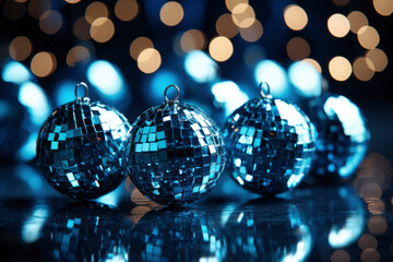 Happy New Year and Christmas holiday concept. beautiful blue New Year decorations on blurred...