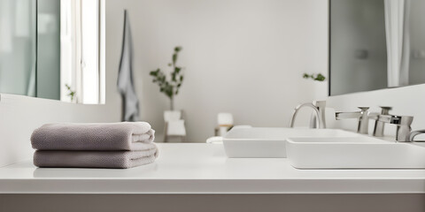 tabletop counter with a towel. in front of bright out of focus bathroom. copy space