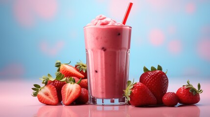 a strawberries smoothie with a straw and fruit on a table  - obrazy, fototapety, plakaty