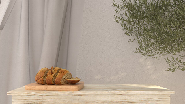 Scena vuota per presentazioni prodotti olio d'oliva o formaggi, con pane e albero di ulivo. Empty scene for olive oil product presentations with bread and olive tree.