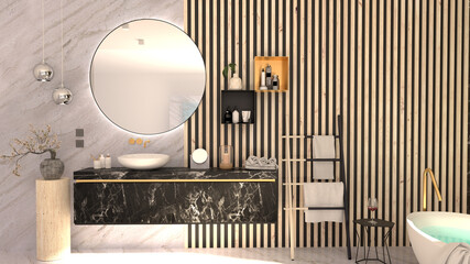 Interior design di un bagno moderno con listelli di legno su parete ed elementi in marmo nero e...