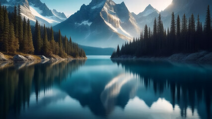 A beautiful lake among high mountains covered with fog. Fantasy.. Artificial intelligence
