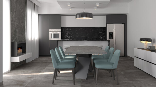Lussuoso interior design di una zona giorno open space con cucina e sala da pranzo. Cucina moderna dai toni neutri con tocco di colore e caminetto. elementi di design.