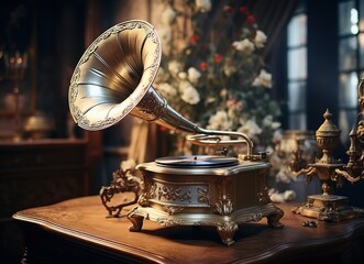 a gold gramophone on a table in a room full of decorations
