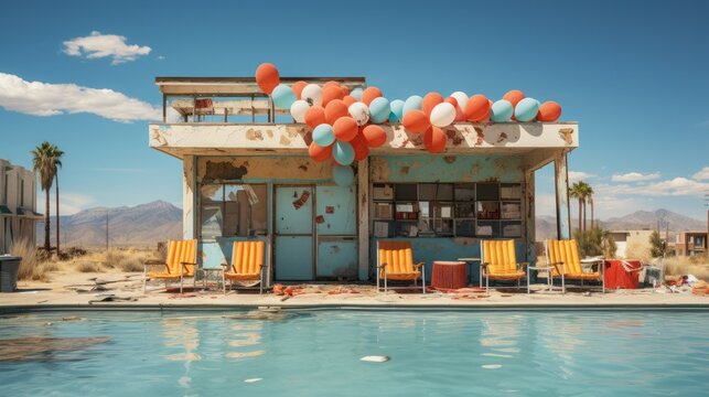 A post-apocalyptic swimming pool. Old abandoned swimming pool. Chairs by the pool. Dirty floor. Shabby walls. Old abandoned building.
