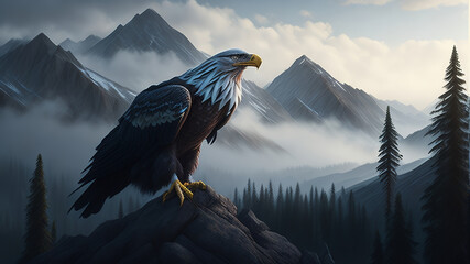 An eagle in the middle of a fantastic mountain landscape . AI