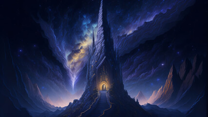 Mysterious temple in the rock, starlight. Dark background. Fantasy. AI
