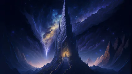 Foto op Canvas Mysterious temple in the rock, starlight. Dark background. Fantasy. AI © IM_VISUAL_ARTIST