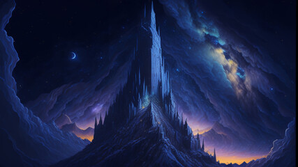 Mysterious temple in the rock, starlight. Dark background. Fantasy. AI