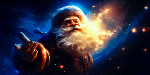 Fototapeta na wymiar Illustration of Santa Claus or Saint Nicholas makes a magic on sparks sky background. Christmas fairytale.