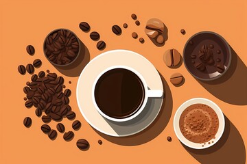 coffee cup and coffee beans illustration flat lay background - generative ai
