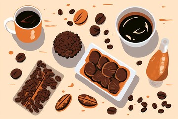 coffee cup and coffee beans illustration flat lay background - generative ai
